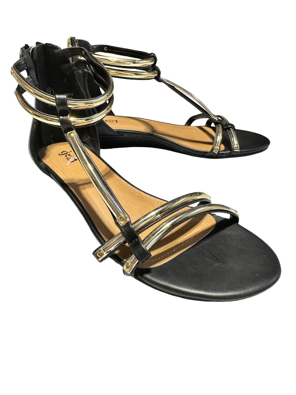 Black Gold Metallic Gladiator Sandals Size 6 Cage Ankle Zip